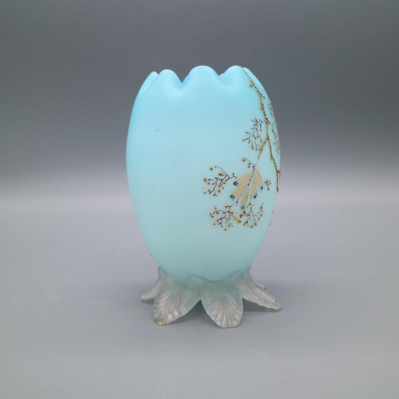 Antique Victorian Stevens & Williams Webb Blue Cased Painted Satin Glass Vase - Picture 2 of 9